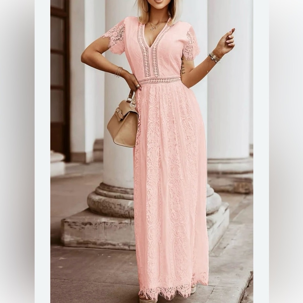 Merokeety pink lace short sleeve maxi dress Medium